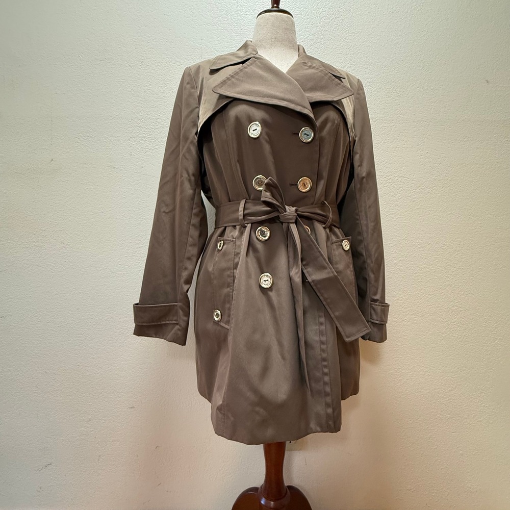 Calvin Klein Double Breasted Beige Belted Rain Trench Coat Women Size Large - Picture 4 of 14
